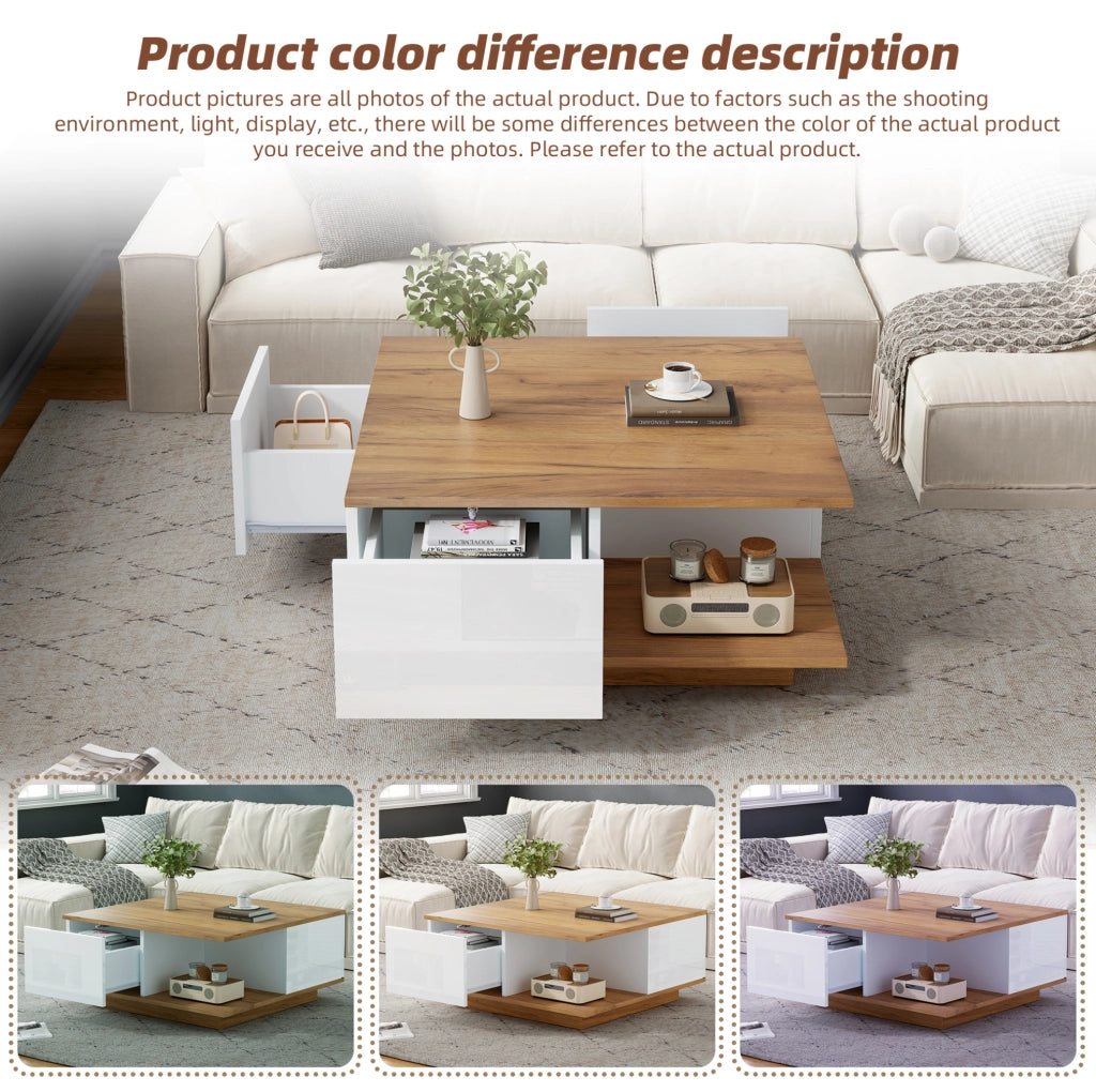 Tavolino da caffè quadrato 70 x 70 x 31;5 cm con 3 cassetti; bianco e legno