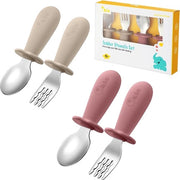 Set di 4 posate per bambini, set di posate per neonati, acciaio inossidabile, cucchiaio per neonati e forchetta per neonati con maniglie in silicone, per bambini, bambini in età prescolare, posate, 10 mesi + (sabbia bianca, macchia rossa, rosa)