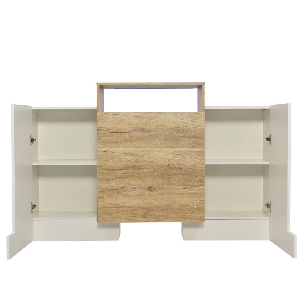 Credenza Moderna con LED ¨C Xylo ¨C Bianco Lucido, Effetto Legno, 140 cm
