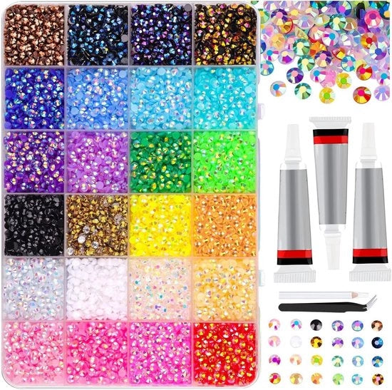 Kit di Adesivi con Stelle di Lustrini - 28.800 Stuks - 24 Colori - Kit di Lustrini per Fai da Te con 3x 10ml Colla - Adesivi per Abbigliamento, Tazze, Scarpe & Unghie - Pacchetto di Hobby - 0.3 cm