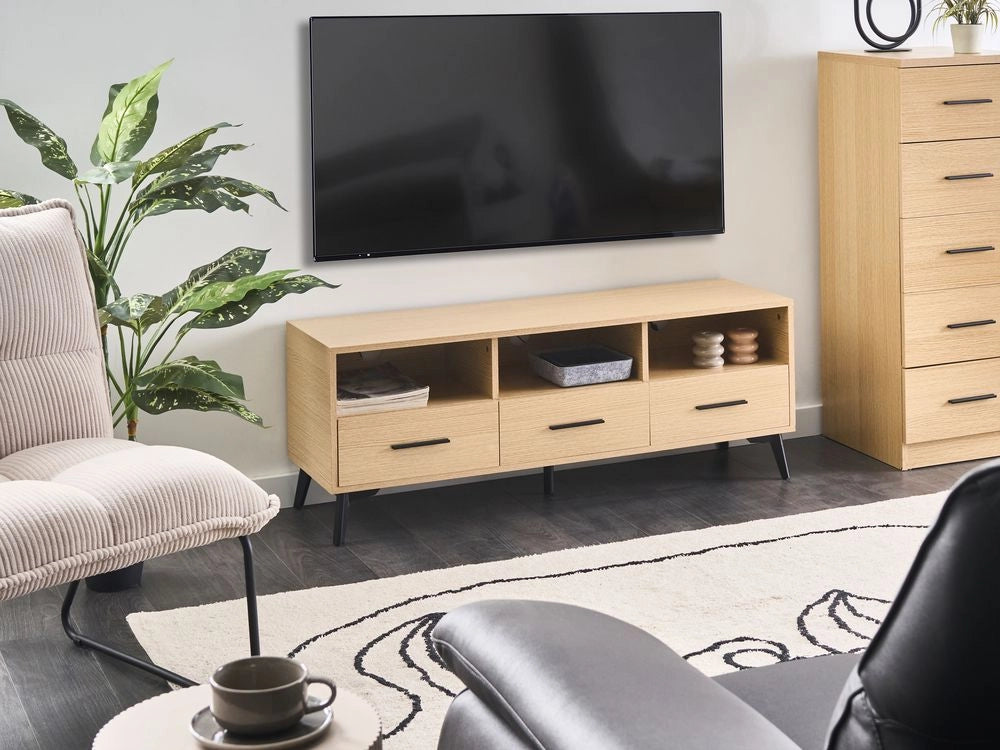 Mobile TV moderno con ante e sistema di gestione dei cavi in MDF con luce marrone chiaro stile moderno