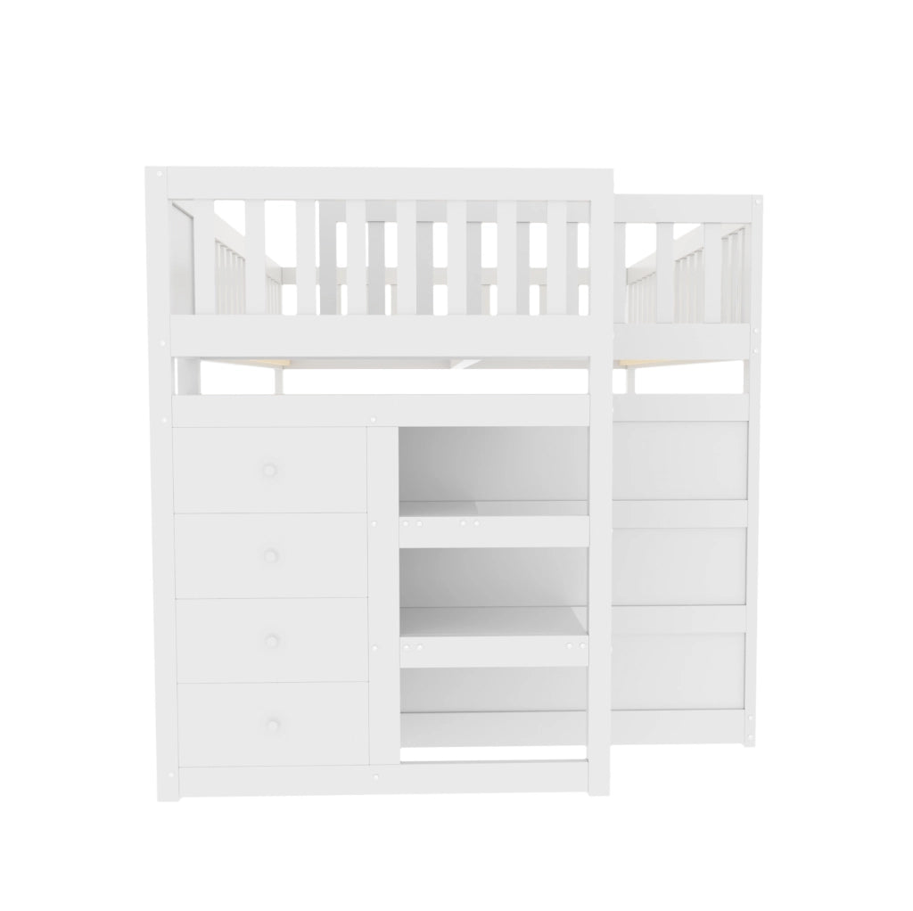 Letto a castello basso modulare 140 x 200 cm bianco con scala contenitore