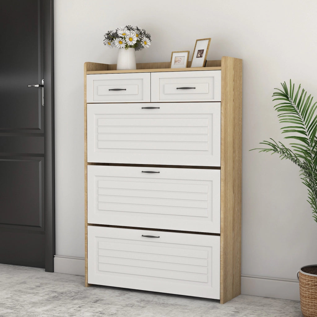 Scarpiera con Ante e Cassetti ¨C MINIMAL ¨C Legno, Bianco, 80x23.5x131 cm