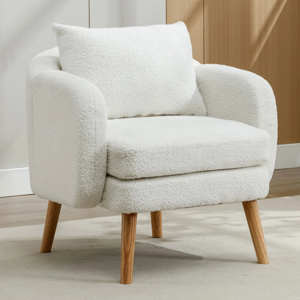 Poltrona in tessuto teddy con cuscino lombare e seduta da 14 cm, struttura in legno massello bianco 71 × 72 × 71 cm