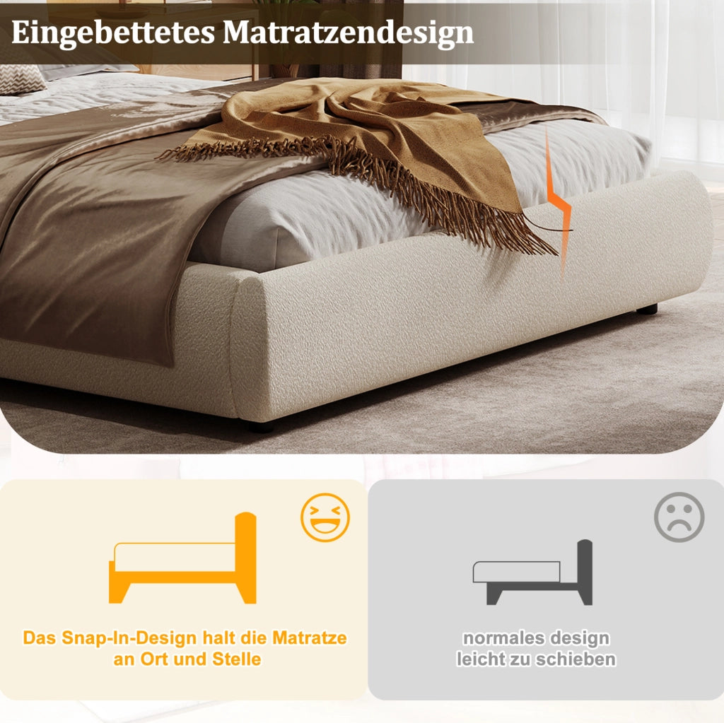 Letto imbottito con vano contenitore e testiera in bouclé beige