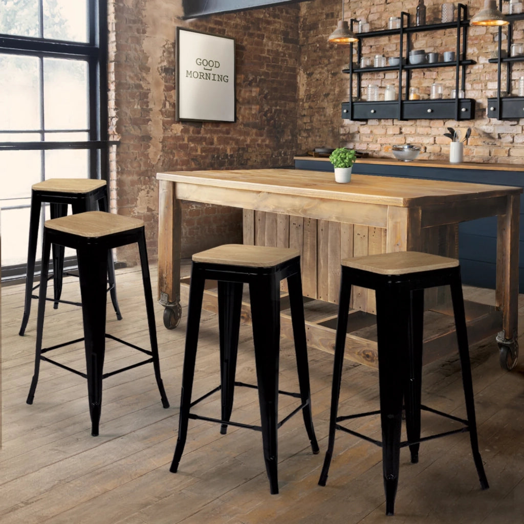 IDMarket - Set di 4 sgabelli da bar LENY in metallo nero opaco impilabili con sedile in legno