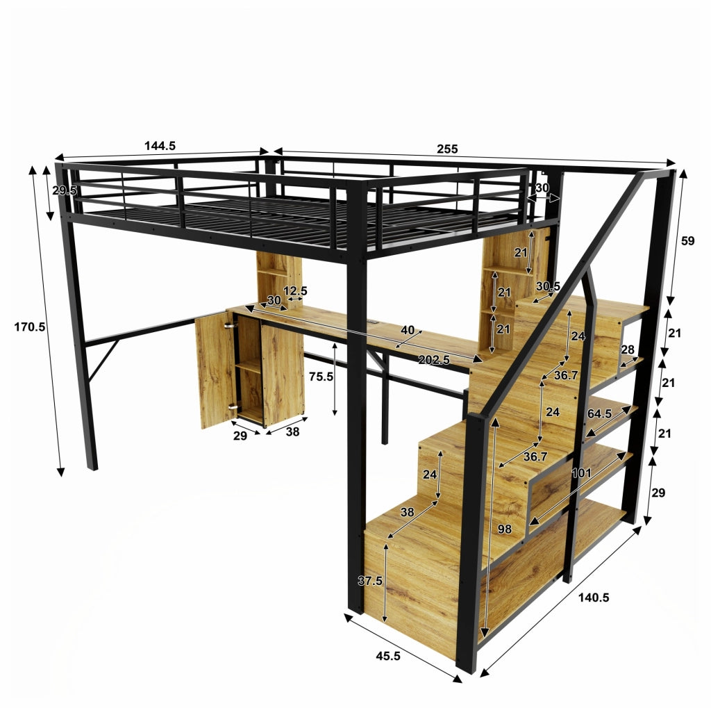 Letto a soppalco 140x200 cm in metallo e MDF con scrivania; armadio; scale contenitore; nero