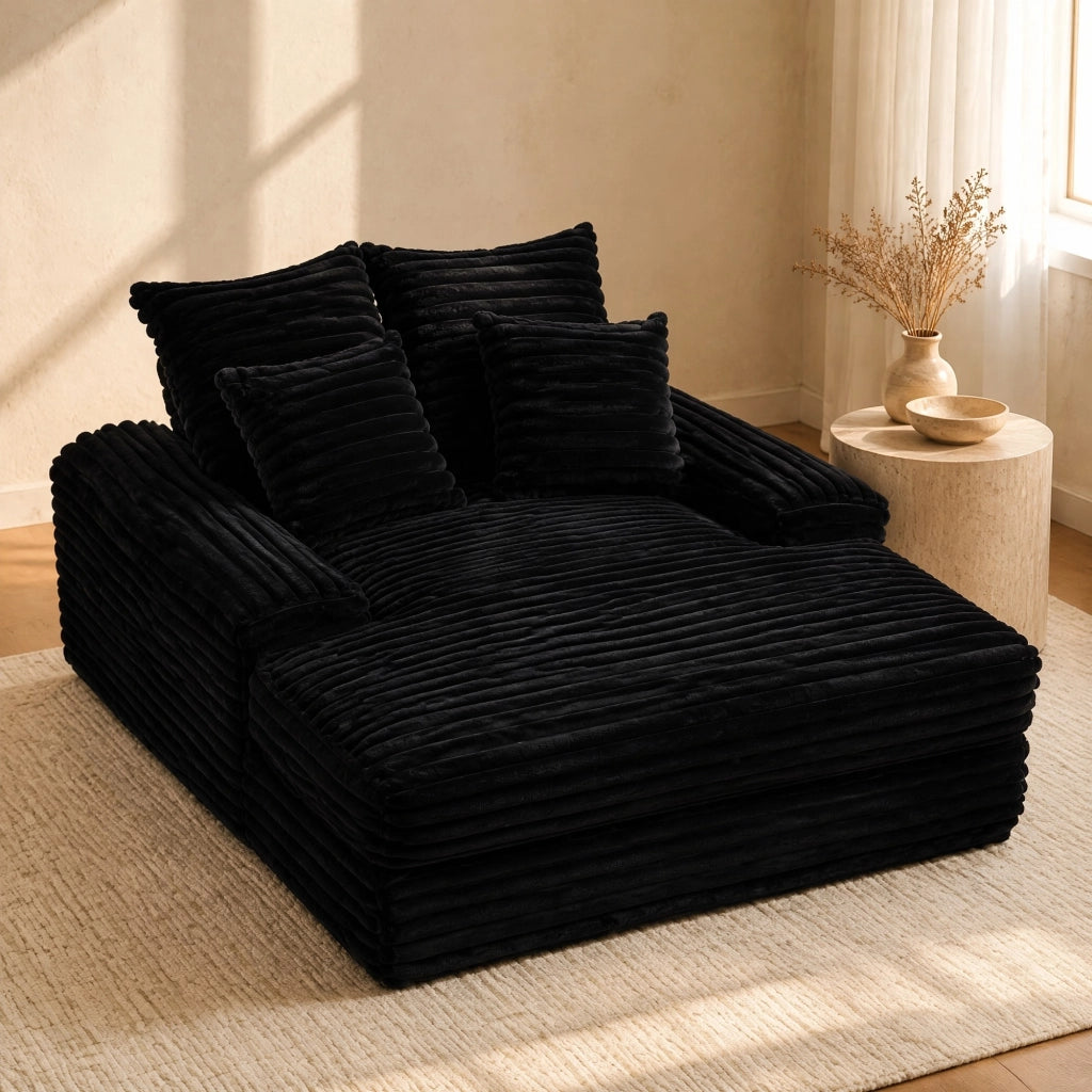 Méridienne in velluto a coste con 4 cuscini e schienale ergonomico senza montaggio nero 165 × 135 × 58 cm