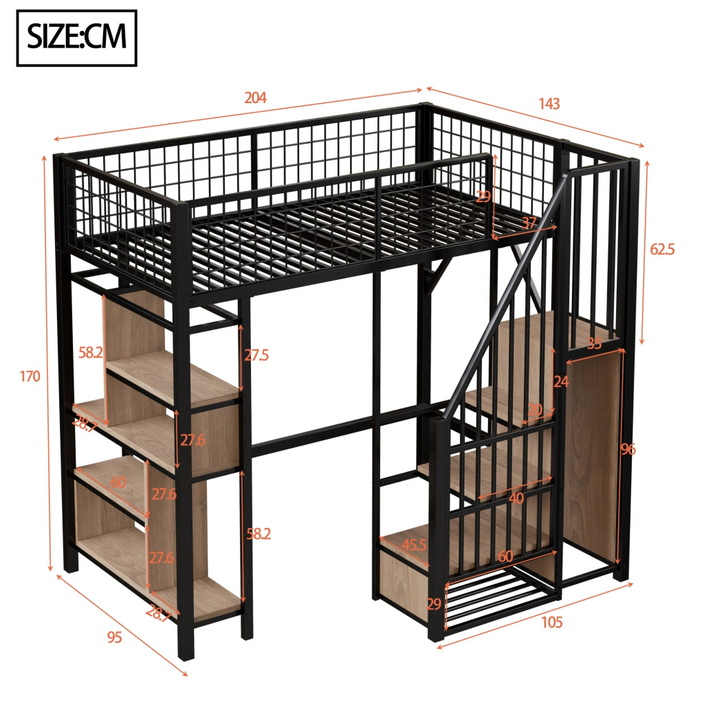 Letto a castello nero in metallo e legno con funzione contenitore 90x200 cm