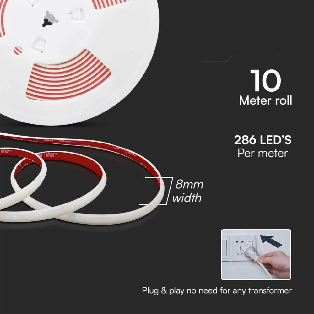 Striscia LED COB 220V 12.5W/m IP65, Bobina 10m con Spina Schuko (Bianco Neutro 4000K)