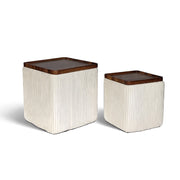 Set 2 Pouf Contenitore Quadrati in Velluto con Coperchio in Legno, Tavolino da Salotto Moderno, Pouf Contenitore Salvaspazio, Seduta Imbottita, Pouf Poggiapiedi Beige