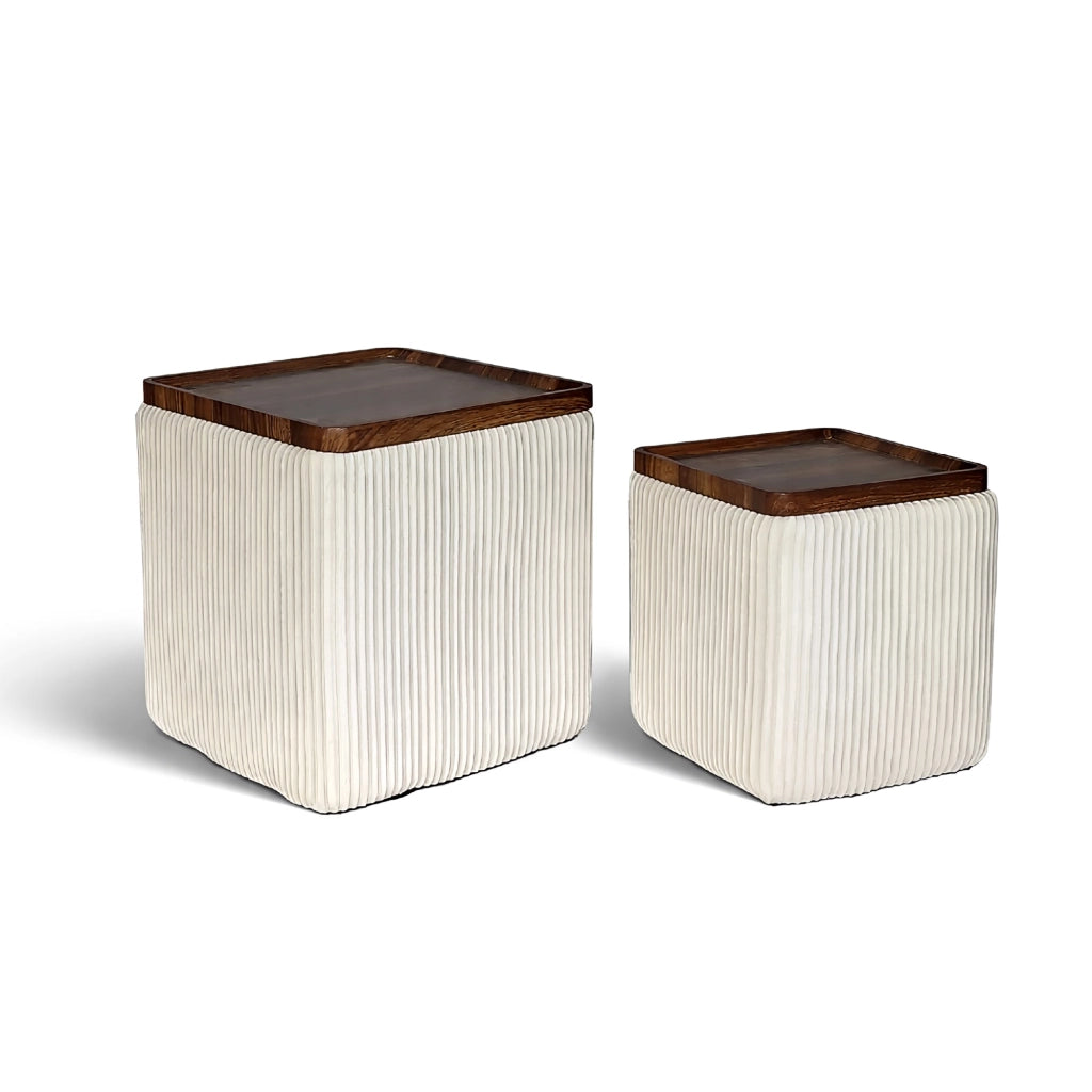Set 2 Pouf Contenitore Quadrati in Velluto con Coperchio in Legno, Tavolino da Salotto Moderno, Pouf Contenitore Salvaspazio, Seduta Imbottita, Pouf Poggiapiedi Beige