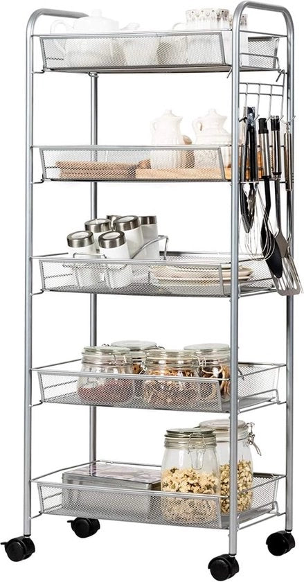 Carrello con 5 livelli, con ruote, carrello cucina, metallo, carrello per bagno, cucina, camera dei bambini, carrello multifunzionale con 5 livelli, carrello di archiviazione con 2 freni