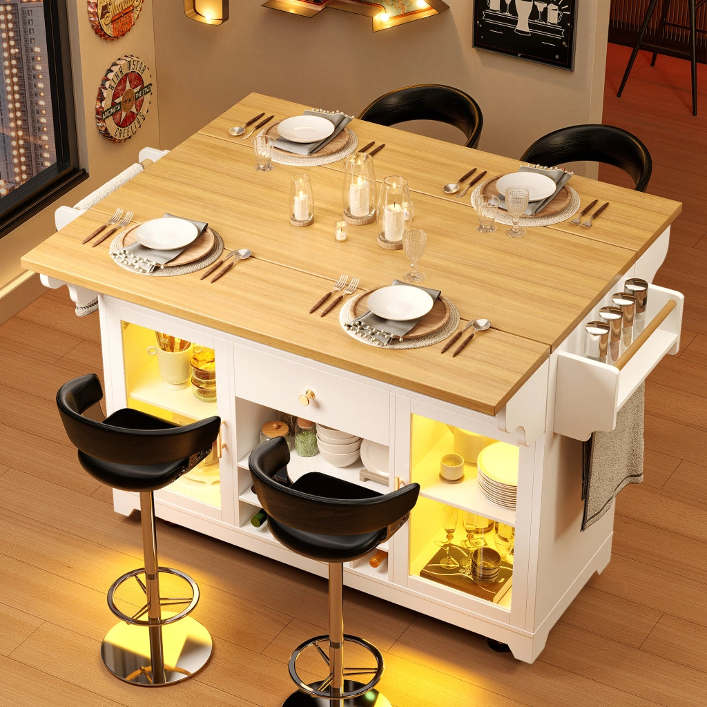 Carrello servitore con illuminazione LED RGB; estensioni ribaltabili e cantinetta; bianco; altezza 95 cm