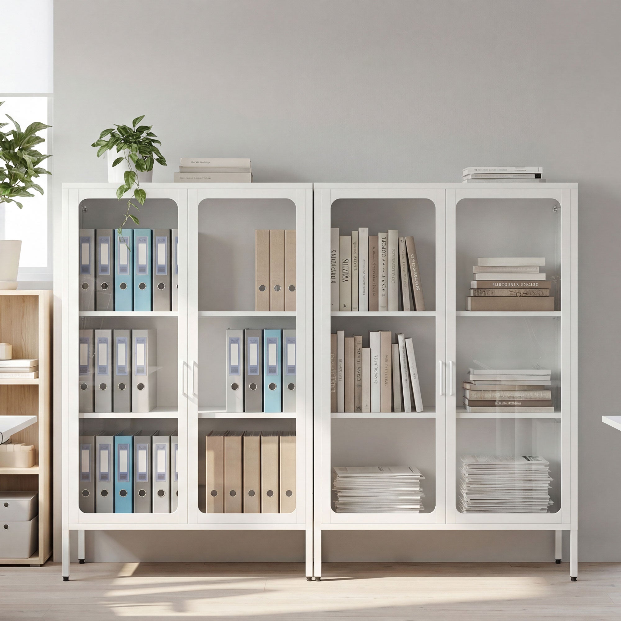 Mobile Portadocumenti 80x40x110 cm con 2 Ante in Vetro e Ripiani Regolabili in Acciaio Bianco