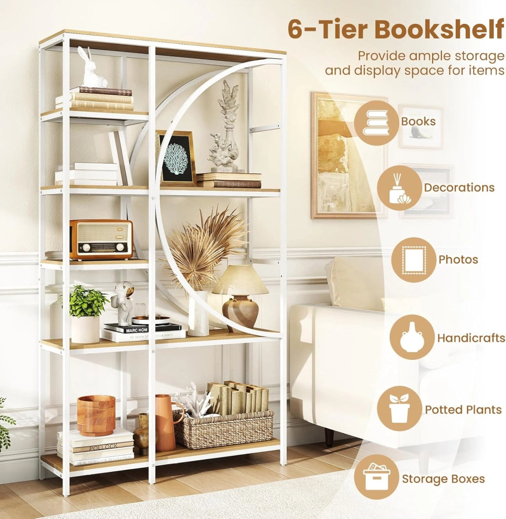 Libreria a Mezza Luna a 6 Livelli, 100 x 30 x 177 cm, con Struttura in Metallo e Ripiani Aperti, per Soggiorno e Ufficio