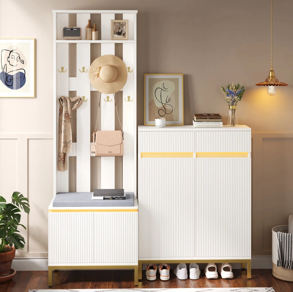 Garderoba con scarpiera; panca e appendiabiti LED; bianco