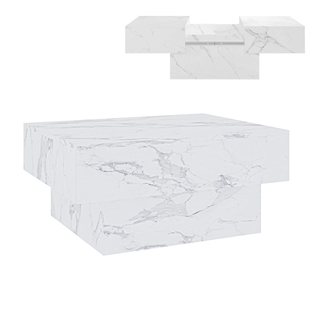 Tavolino Centrale Lens da Salotto con Piano Scorrevole 80 x 60 x 36 cm - Effetto Marmo Bianco [en.casa]