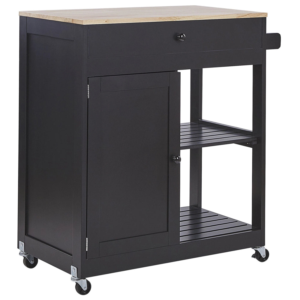 Carrello da cucina in MDF Nero legno di gomma 75 x 43 x 87 cm armadio porta asciugamani 2 ripiani cassetto posate ruote