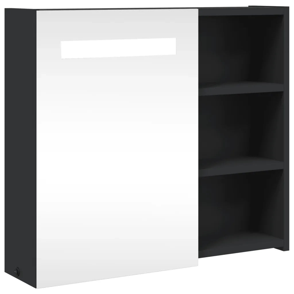 Mobiletto a specchio da bagno a parete con illuminazione a LED 60 x 13 x 52 cm ampio spazio contenitivo design elegante in legno nero 02_0047271