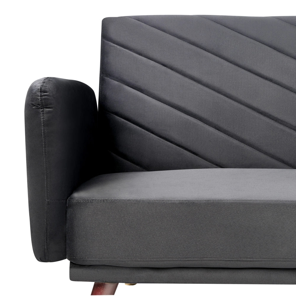 Divano Letto Tessuto Velluto Nero Scuro Soggiorno Moderno 3 Posti Gambe In Legno Braccio A Pista