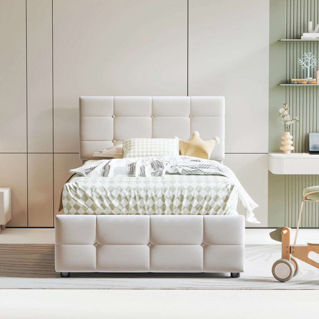Letto singolo imbottito per bambini 90x200 cm beige con contenitore