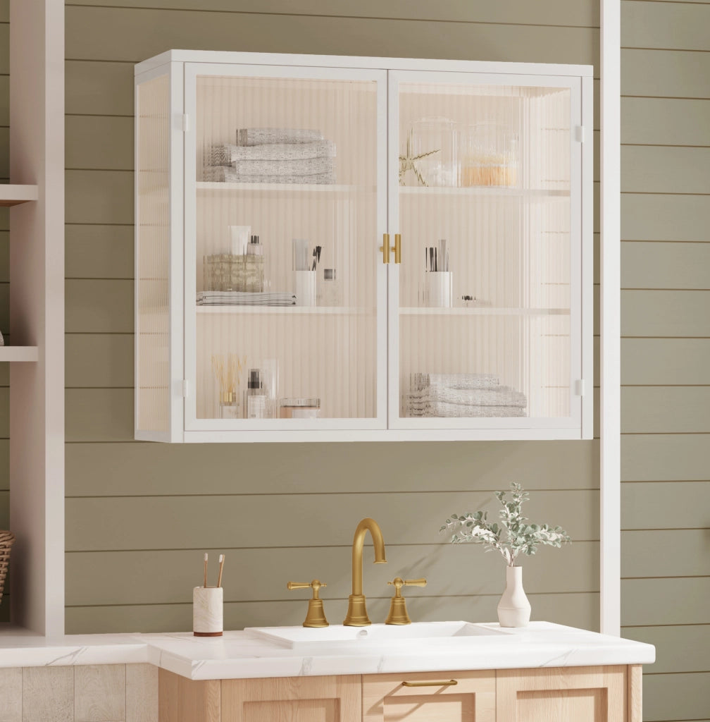 Armadio a Muro Bianco 70 cm con Vetro Chiaro e Doppia Porta, 3 Ripiani