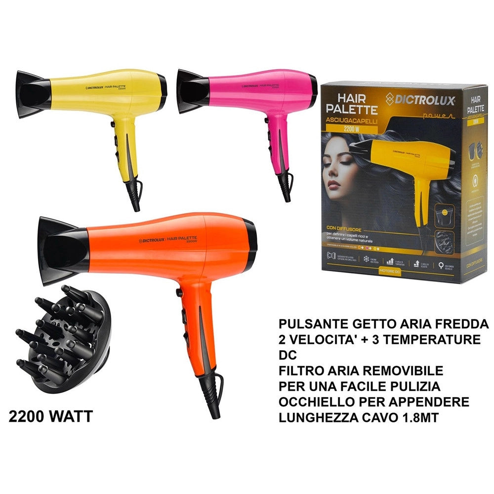 Trade Shop - Asciugacapelli 2200 Watt Con Diffusore Capelli Phon Pulsante Getto Aria Fredda Occhiello -