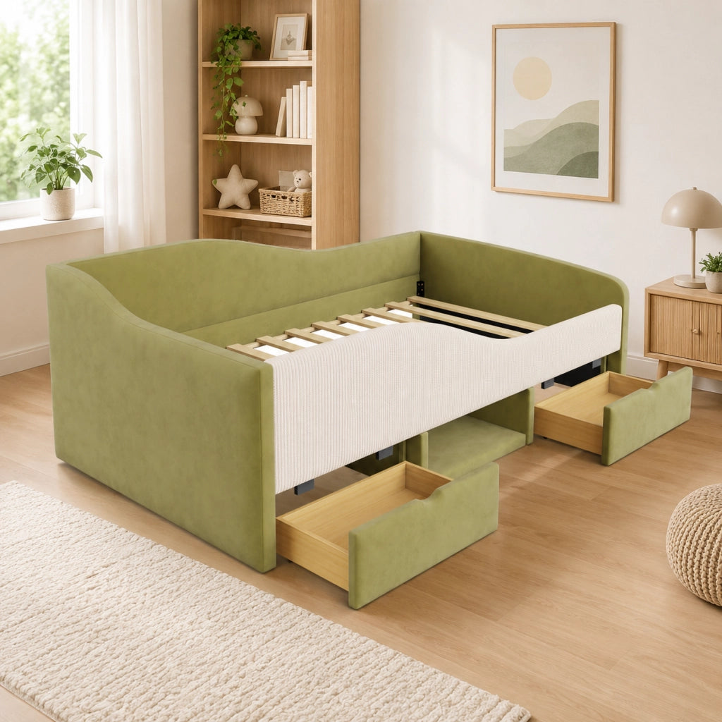 Letto imbottito 90x190 cm con sponde e contenitore in velluto verde e avorio