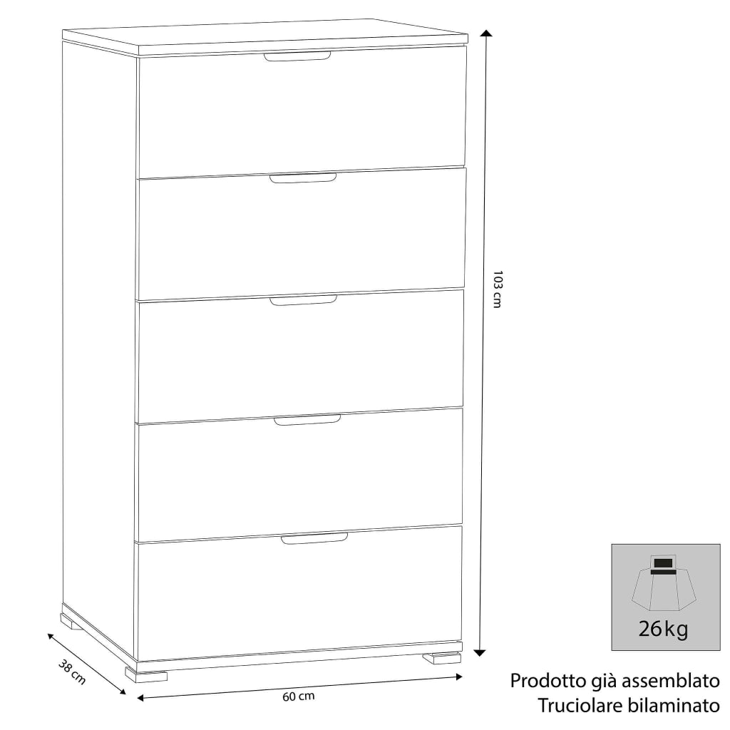 Cassettiera 5 cassetti in Legno Composito cm 60x38x103 - CLIFF