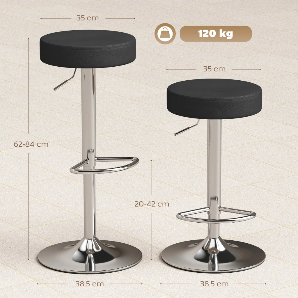 Set 2 Sgabelli da Bar Moderni Ø38,5x62-84 cm Regolabili in Pelle PU Spugna e Metallo Nero