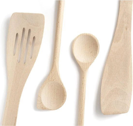 Set di utensili in legno per cucina - Utensili in legno per cucina - Set completo e pratico - Qualità in legno di betulla - con 1 cucchiaio per salse da 35 cm, 1 spatola per ammucchiare da 30 cm, 1 spatola appuntita da 30 cm, 1 spatola per panetteria