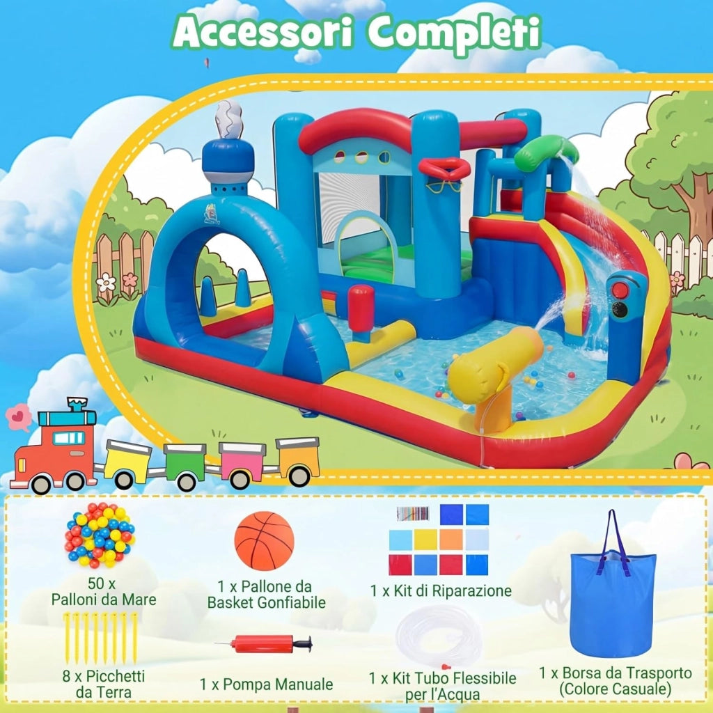 Castello Gonfiabile per Bambini, Casa Gonfiabile con Piscina, Cannone d'Acqua, Gioco con Anelli, Gioco a Bersaglio e Parete d'Arrampicata, Parco Acquatico da 3-12 Anni per Esterno