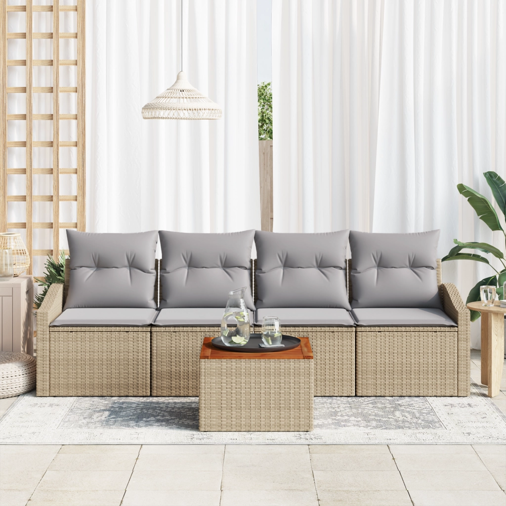 Set Divano da Giardino 5 Pezzi con Cuscini Beige Polyrattan Acacia