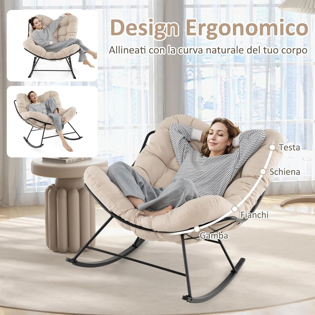 Sedia a Dondolo, Poltrona Relax Ergonomica, Poltrona Sovradimensionato con Cuscino Imbottito, Sedia a Uovo con Struttura Metallica, per Soggiorno Portico Giardino, Portata 205 kg (Beige)
