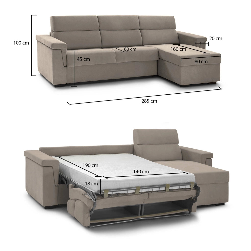 Ganzaria, Divano Letto con Penisola Sfoderabile Made in Italy, 285x160 cm Grigio Tortora