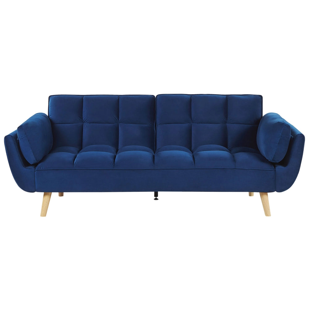 Divano Letto Tessuto Velluto Blu Navy Gambe In Legno A 3 Posti Imbottitura In Schiuma Imbottitura Biscuit Schienale Diviso