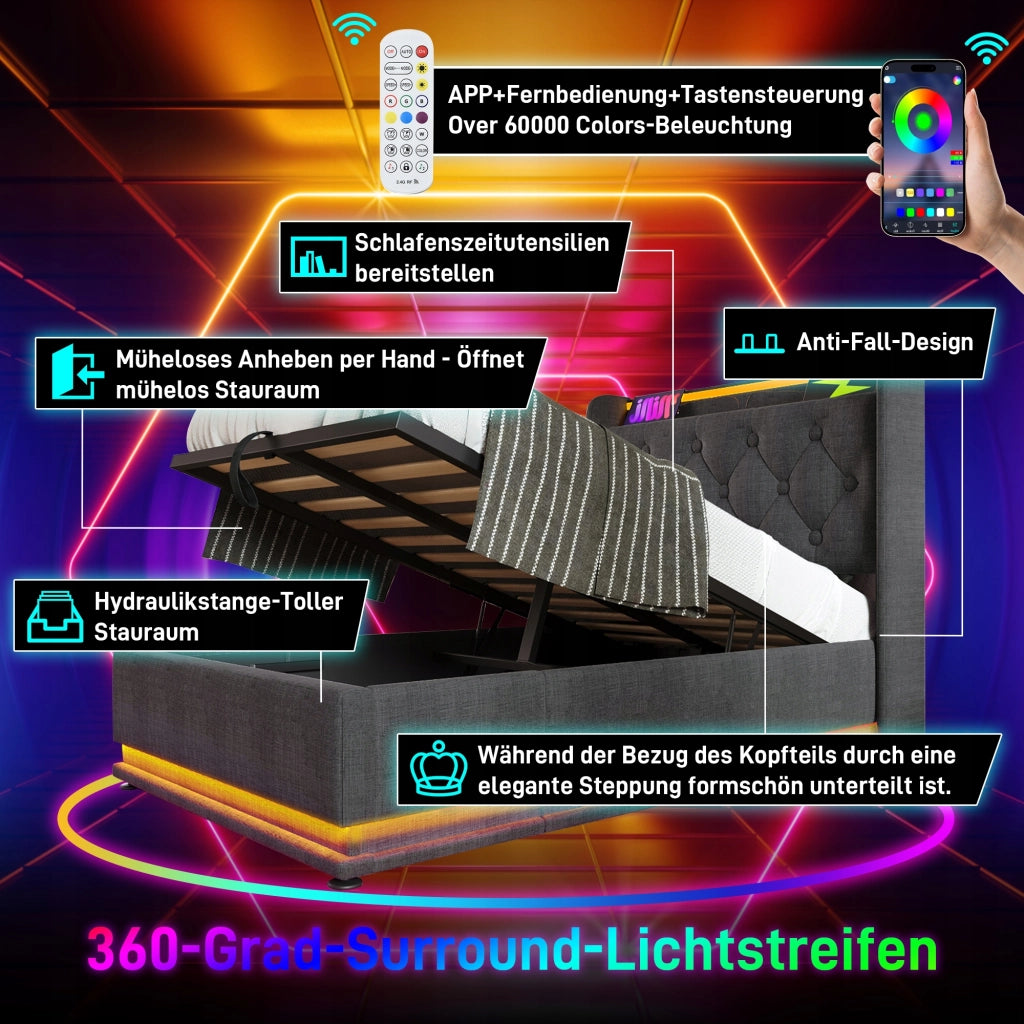 Letto imbottito 90x200 grigio, idraulico, LED, USB-C - Xylo - Con materasso