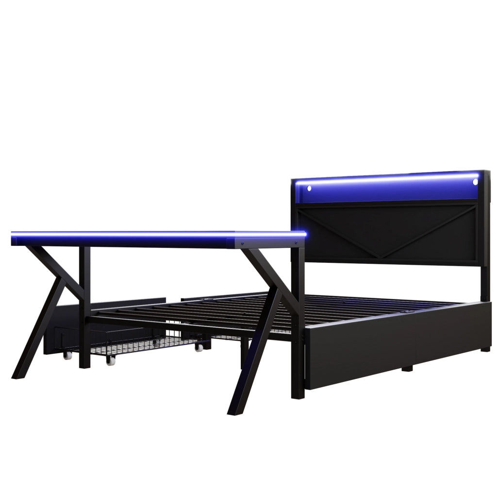 Letto gaming a piattaforma 140x200 cm con testiera LED; scrivania LED e 2 cassetti; nero