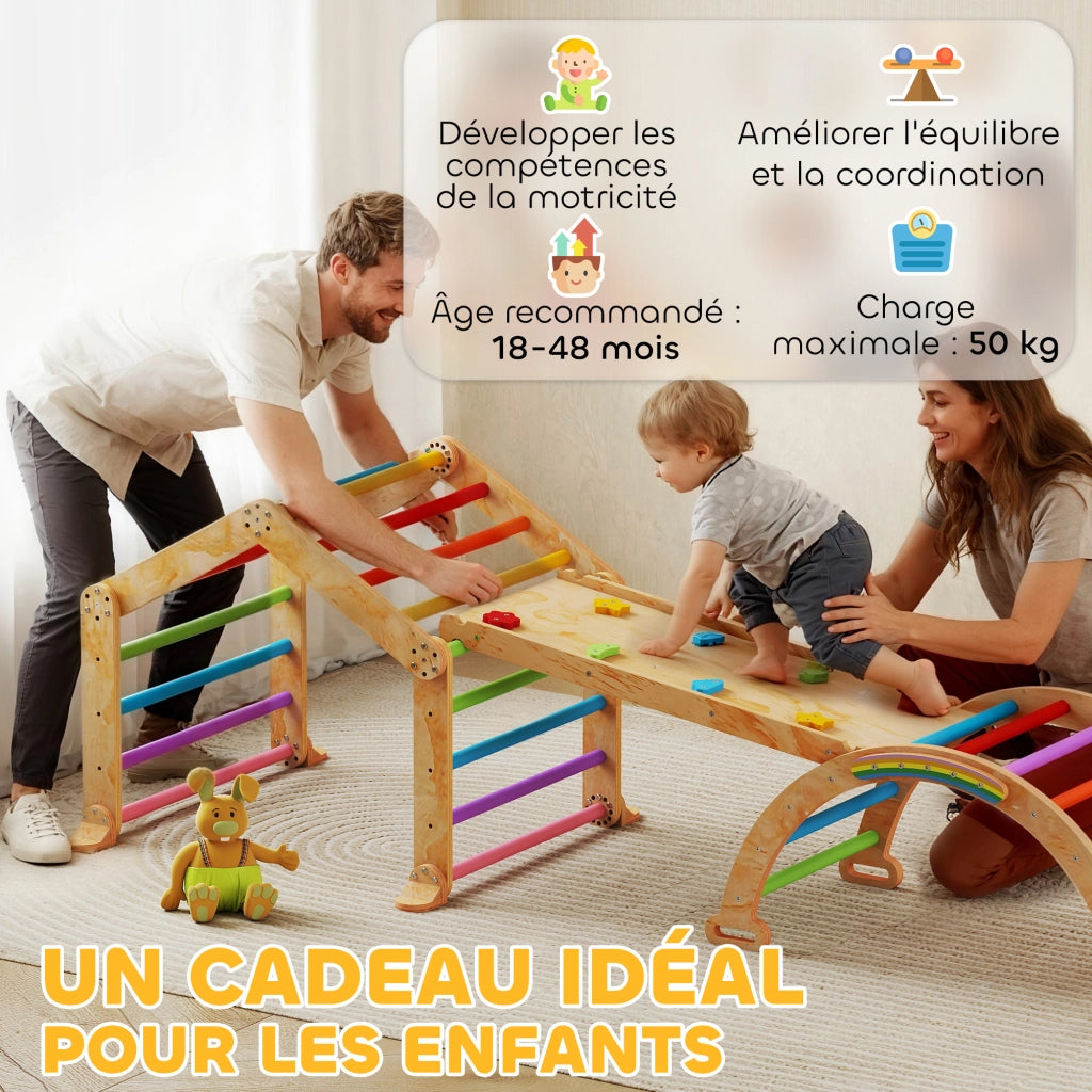 Triangolo di arrampicata con scivolo reversibile e altalena ¨C Xylo ¨C Struttura multicolore per bambini