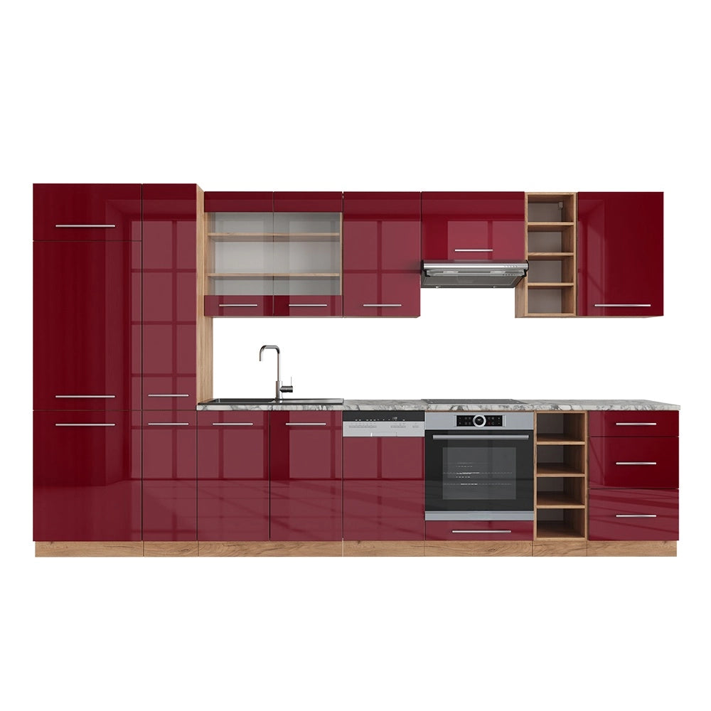 Cucina componibile Fame-Line Bordeaux lucido/Rovere dorato 355 cm, PL Marmo Vicco