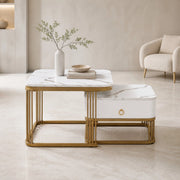 Tavolini bassi impilabili a scomparsa effetto marmo lucido in MDF bianco e oro con cassetto