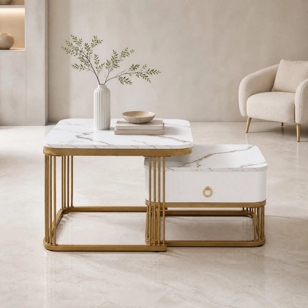 Tavolini bassi impilabili a scomparsa effetto marmo lucido in MDF bianco e oro con cassetto