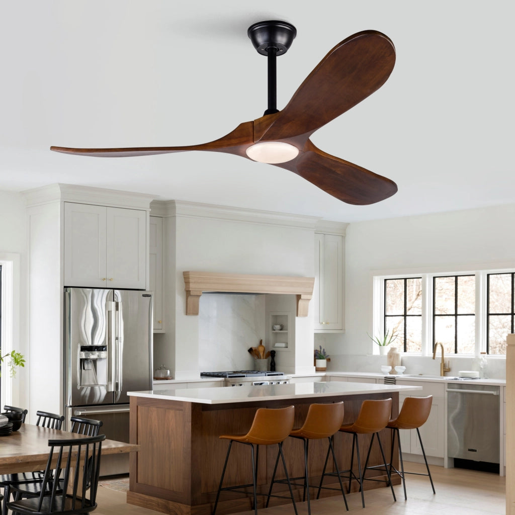 Ventilatore da soffitto 52 pollici con luce, 3 pale legno massello, 3CCT, motore DC silenzioso reversibile, telecomando, moderno
