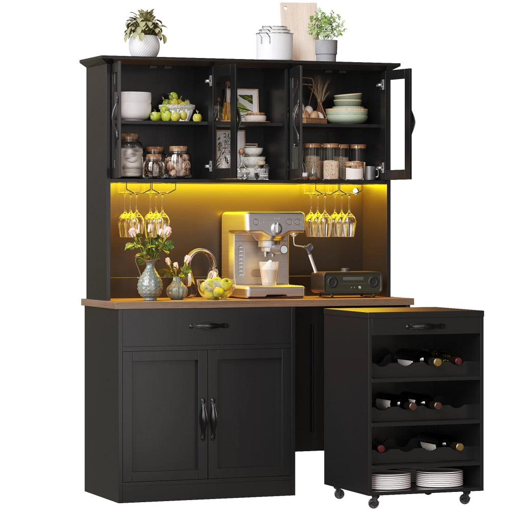 Credenza 140x38x180 cm con carrello estraibile e illuminazione LED dimmerabile; MDF nera