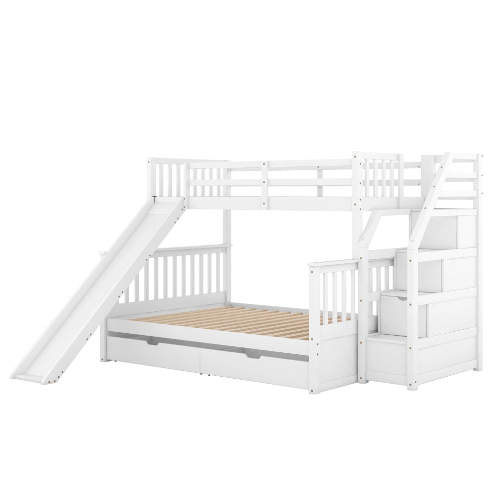 OKWISH Letto a Castello 90×200 cm e 140×200 cm, Letto 3 Posti con 2 Cassetti, Contenitore e Scivolo, senza Materasso, in Pino, Bianco