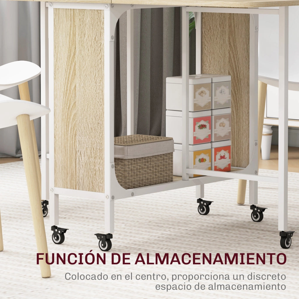 Tavolo Pieghevole con Ruote e Ripiano ¨C Zephmum ¨C 130x80x74 cm Legno Naturale