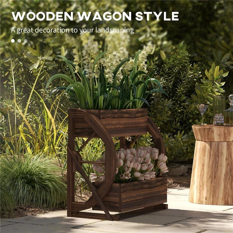 FIORIERA IN LEGNO DA ESTERNO A 2 LIVELLI CON 3 VASI E RUOTE DI CARRO STILE COUNTRY, 55X32X56CM