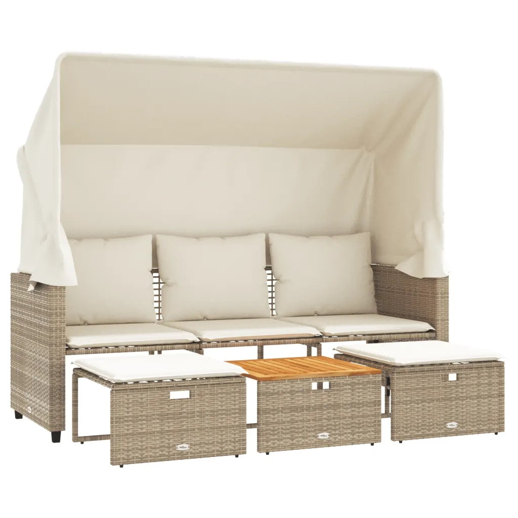 Divano Giardino 3 Posti Baldacchino e Sgabelli Beige Polyrattan 365455