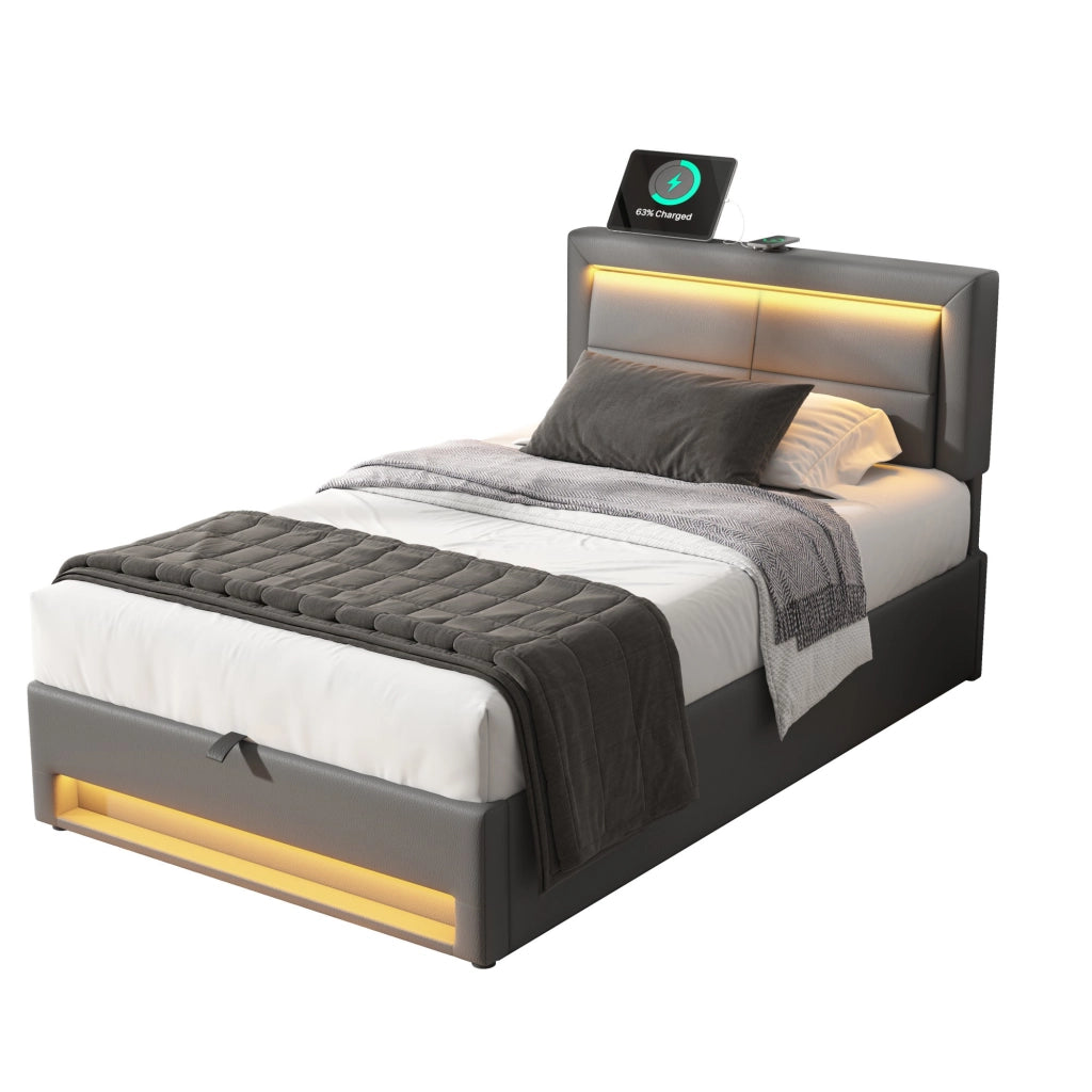 Letti contenitori 90x200 cm; USB; LED e contenitore; PU; grigio (Senza materasso)